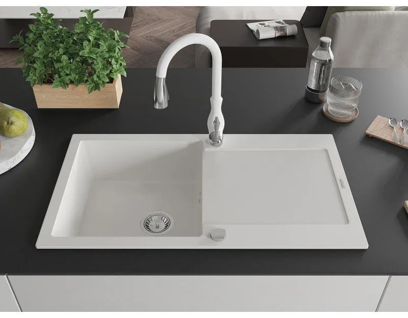 Mexen Leo, 1-komorový granitový drez 900x500x190 mm a drezová batéria Savita, biela, 6501-20-672601-20