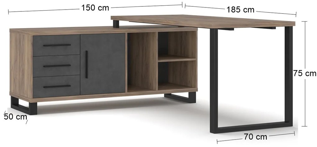 Rohový písací stôl Ovida 1D3DRWS - craft tobaco / matera