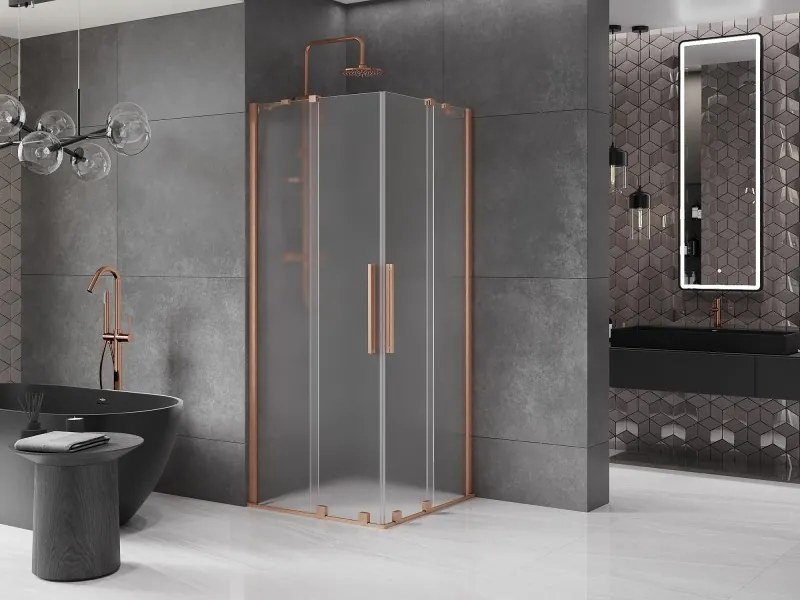 Mexen Velar Duo, sprchový kút s posuvnými dverami 100 x 100 cm, 8mm sklo námraza, medená matná, 871-100-100-32-65