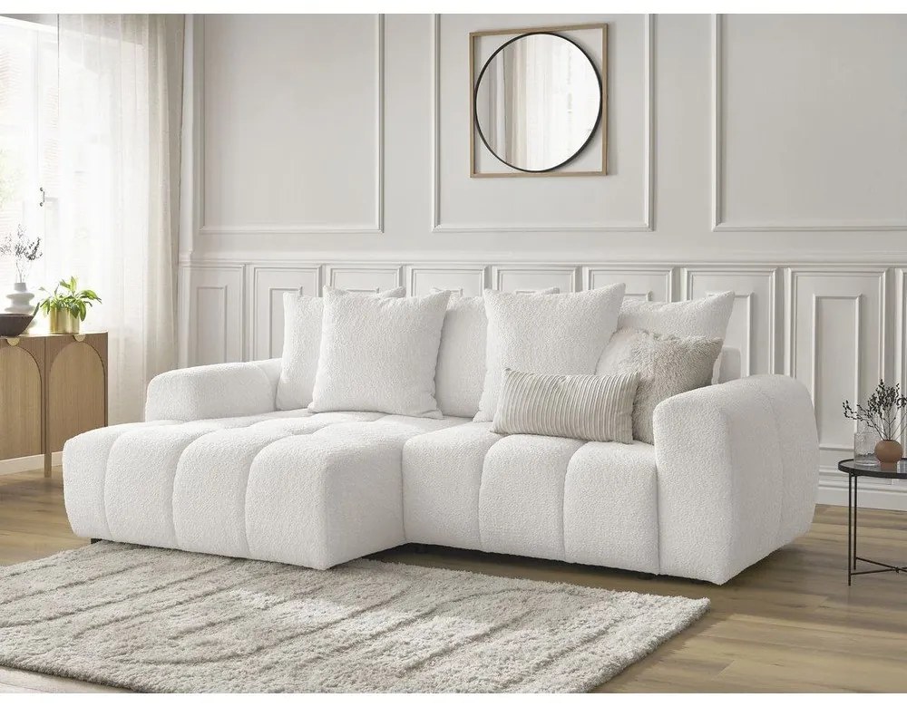 Biela rozkladacia/s úložným priestorom rohová pohovka z textílie buklé (ľavý roh/s leňoškou) Roxelane – Bobochic Paris