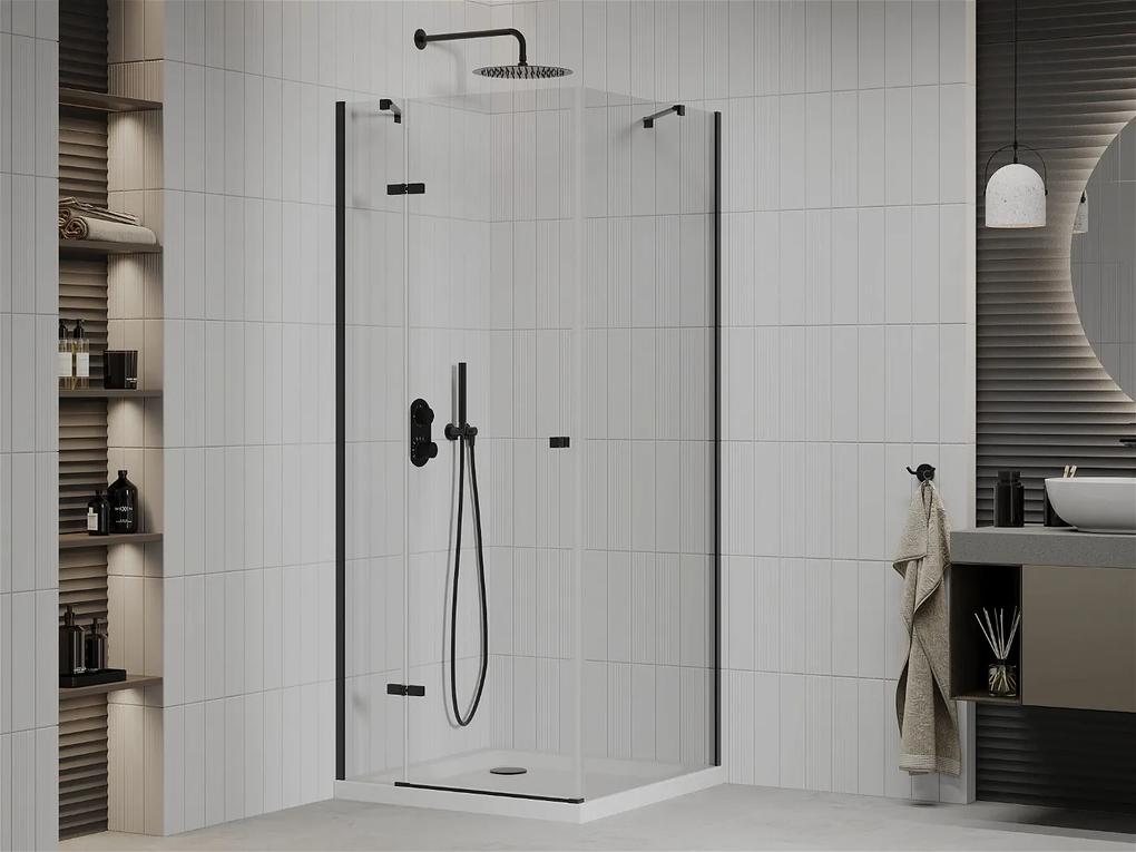 Mexen Roma, sprchovací kút s 1-krídlovými dverami 80 (dvere) x 80 (stena) cm, 6mm číre sklo, čierny profil, slim sprchová vanička 5cm biela s čiernym sifónom, 854-080-080-70-00-4010B