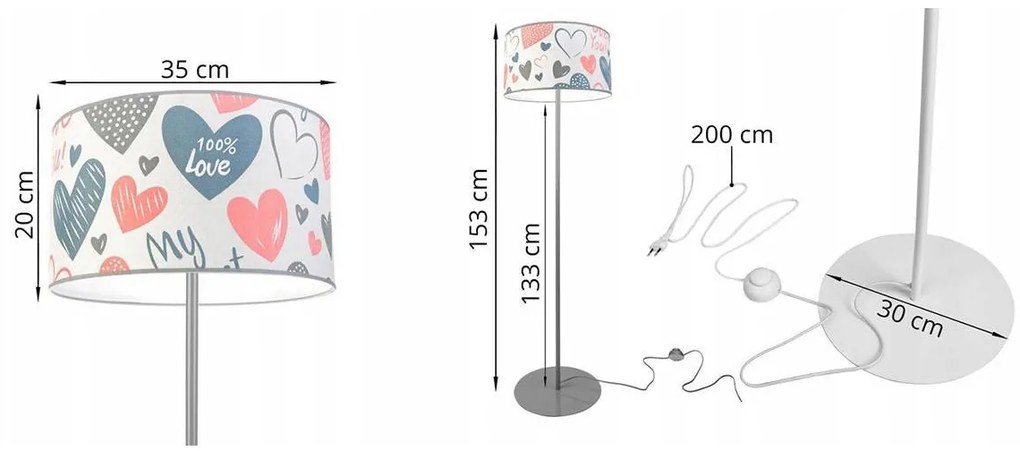 Detská stojacia lampa Heart, 1x biele textilné tienidlo so vzororm, (výber z 2 farieb konštrukcie), o, p