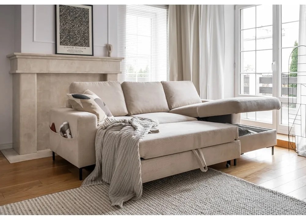 Béžová menčestrová rozkladacia rohová pohovka (pravý roh) Lofty Lilly – Miuform