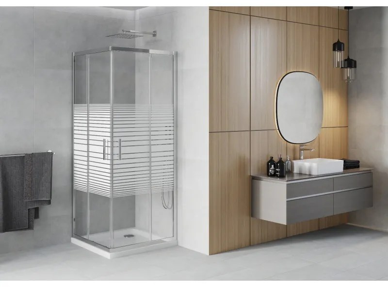 Mexen Rio štvorcový sprchovací kút 70 x 70 cm, 6mm sklo, číre sklo/pásy, chrómový profil + slim sprchová vanička 5cm, 860-070-070-01-20-4010