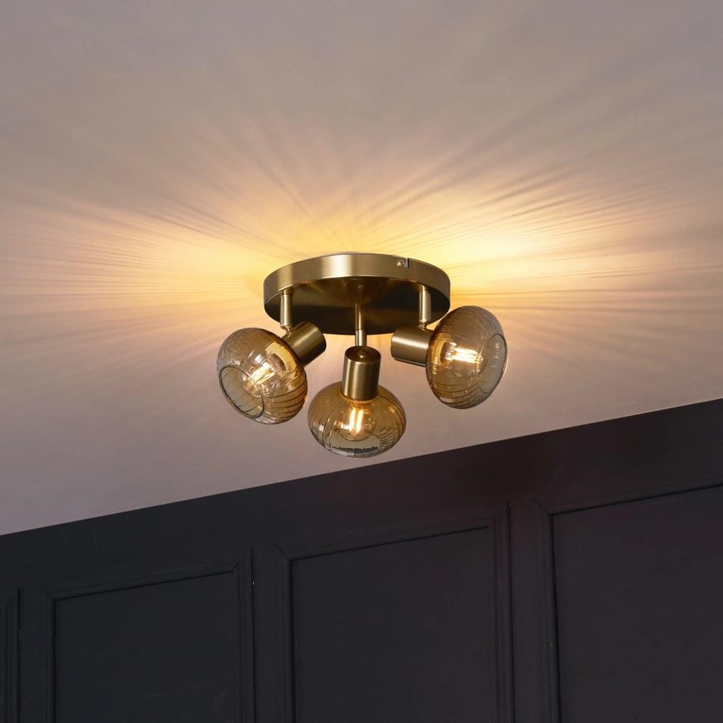 Moderné stropné bodové svetlo zlaté s okrúhlym jantárovým sklom 3-svetlo - Teddy