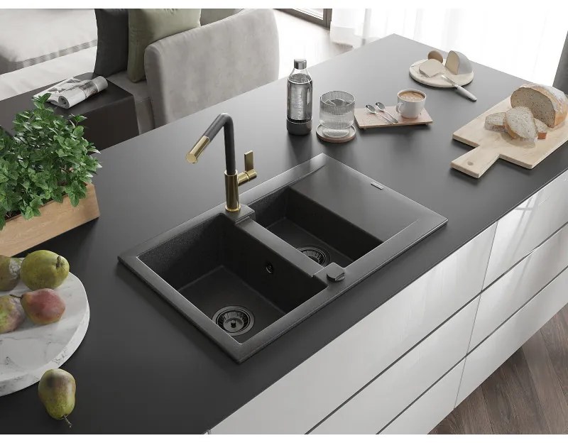 Mexen Gaspar, 1,5-komorový granitový drez 737x475x177 mm a drezová batéria Flora, čierna škvrnitá, 6507-76-670401-57-B