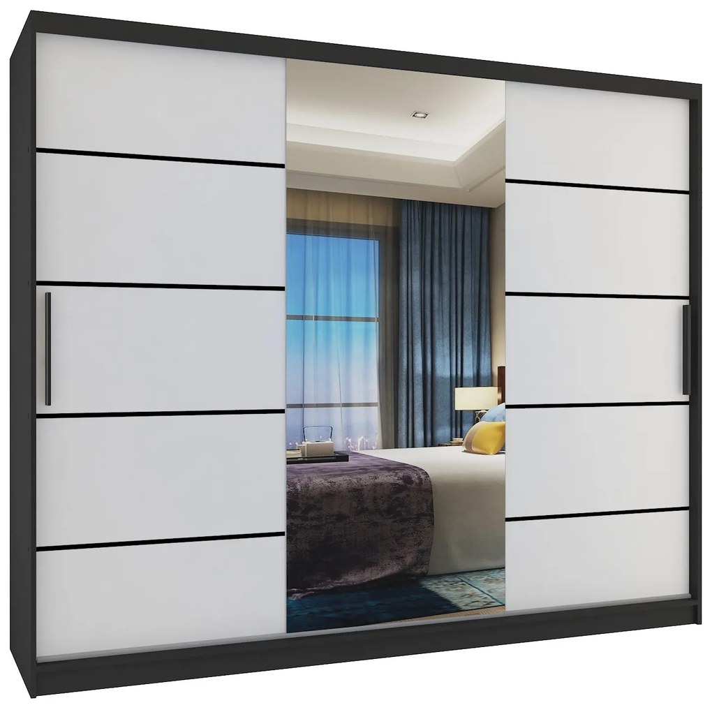 Šatníková skriňa 232 cm Belini čierny mat / biely mat s posuvnými dverami zrkadlom a zásuvkami  MBP SZP8/0/1B/2W1L/0/KLP