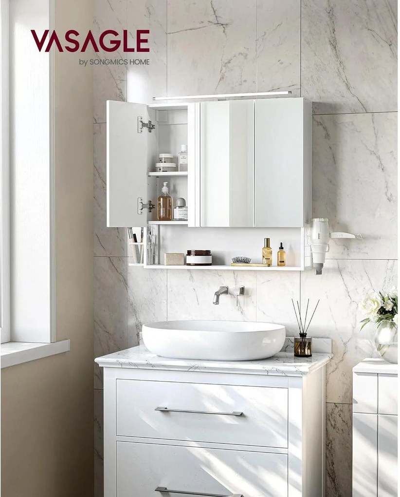 Kúpeľňová zrkadlová skrinka s osvetlením, nástenná skrinka, integrovaný kábel, biela