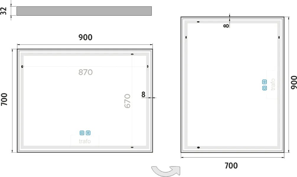Nimco Biele LED zrkadlo 900x700 s dvoma dotykovými senzormi - ZPB 13019VX-05