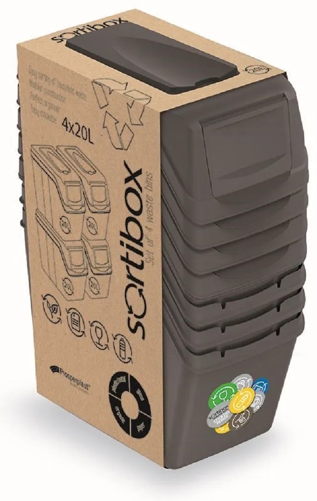 PROSPERPLAST Sada 4 odpadkových košov SORTIBOX Aj šedý kameň, objem 4x20L