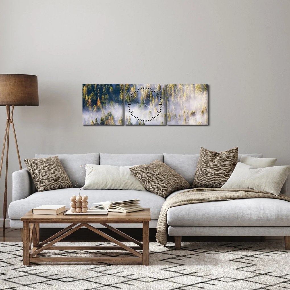 Obraz stromov v hmle (s hodinami) (90x30 cm)