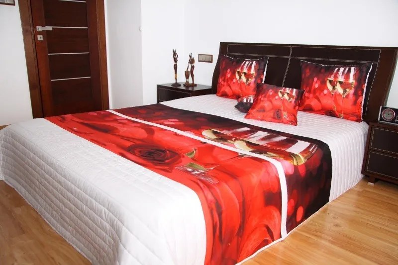 DomTextilu Prehoz na posteľ bielej farby s motívom červenej ruže a bieleho vína Šírka: 220 cm | Dĺžka: 240 cm 2945-103347