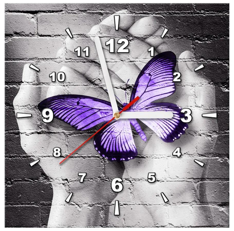 Gario Obraz s hodinami Fialový motýľ na dlaniach Rozmery: 30 x 30 cm