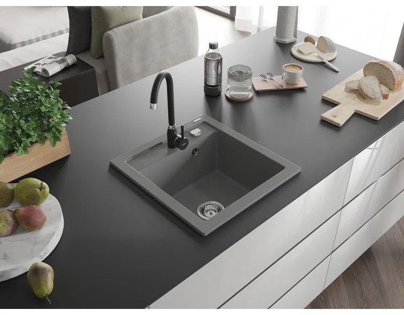 Mexen Vito, 1-komorový granitový drez 520x490x210 mm, čierna batéria Telma, šedá, 6503-71-670200-70