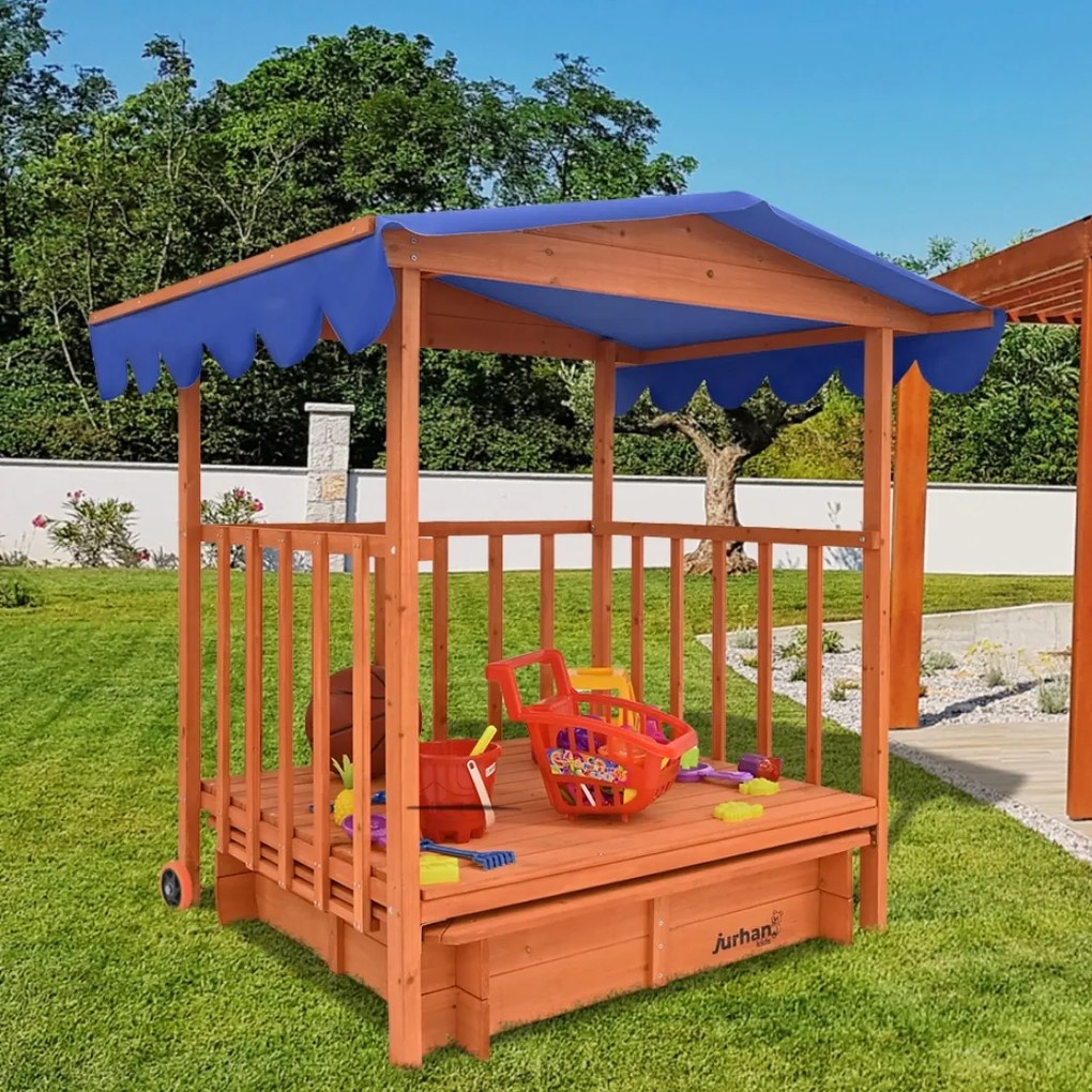 Pieskovisko s verandou HAPPY, 130x130x143 cm, hnedá/modrá Jurhan