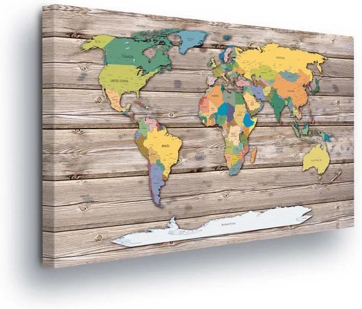 GLIX Obraz na plátne - Yellow-green Map of the World on a Wooden Background 60x40 cm