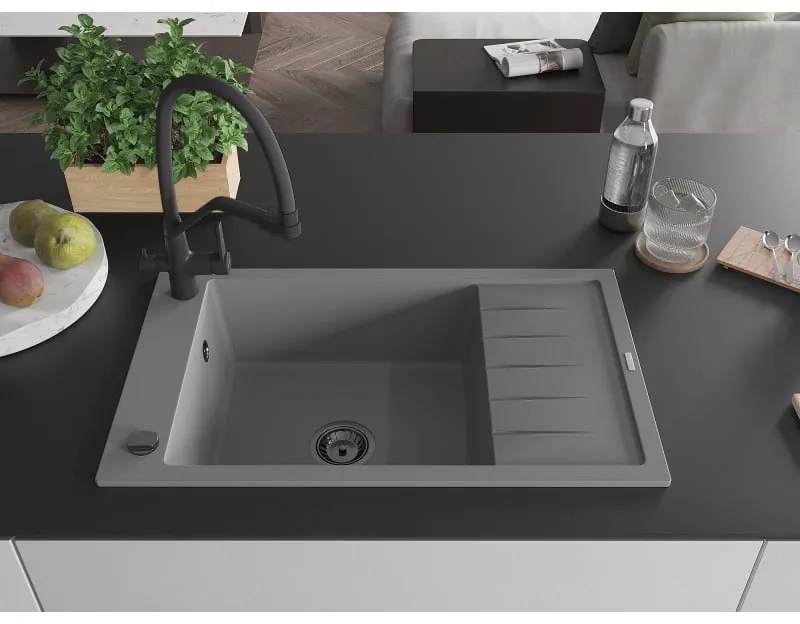 Mexen Elias, 1-komorový granitový drez 795x480x200 mm a drezová batéria Duo, šedá, 6511-71-671701-70-B