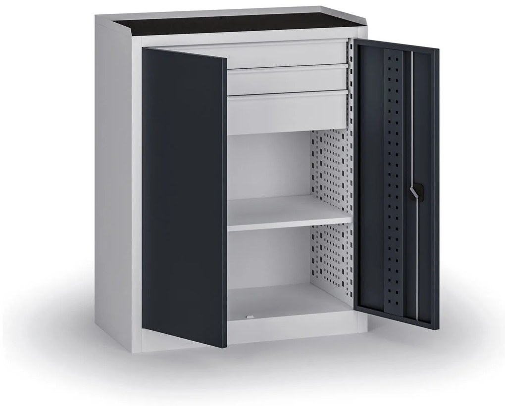 Policová dielenská skriňa 2-dverová, 1 police + 3 zásuvky, 1180 × 950 × 500 mm, grafitové dvere