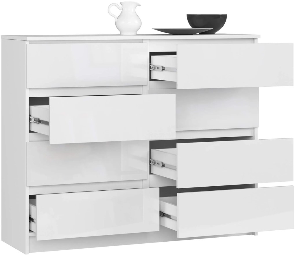 Komoda Kuba 120 cm 8 zásuviek biela lesk