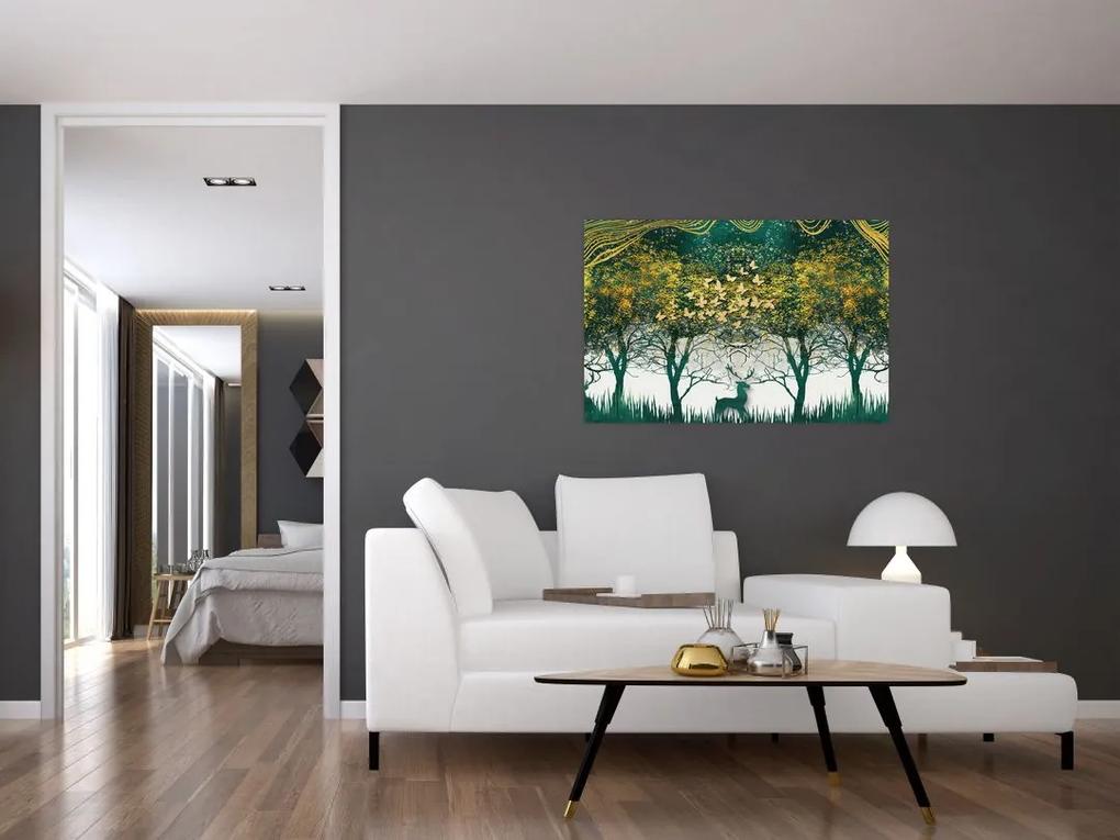Obraz - Jelene v zelenom lese (90x60 cm)