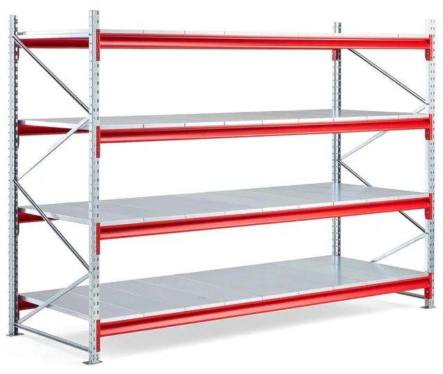 Skladový regál TOUGH, základná sekcia, 2000x2800x1000 mm, 4 oceľové police