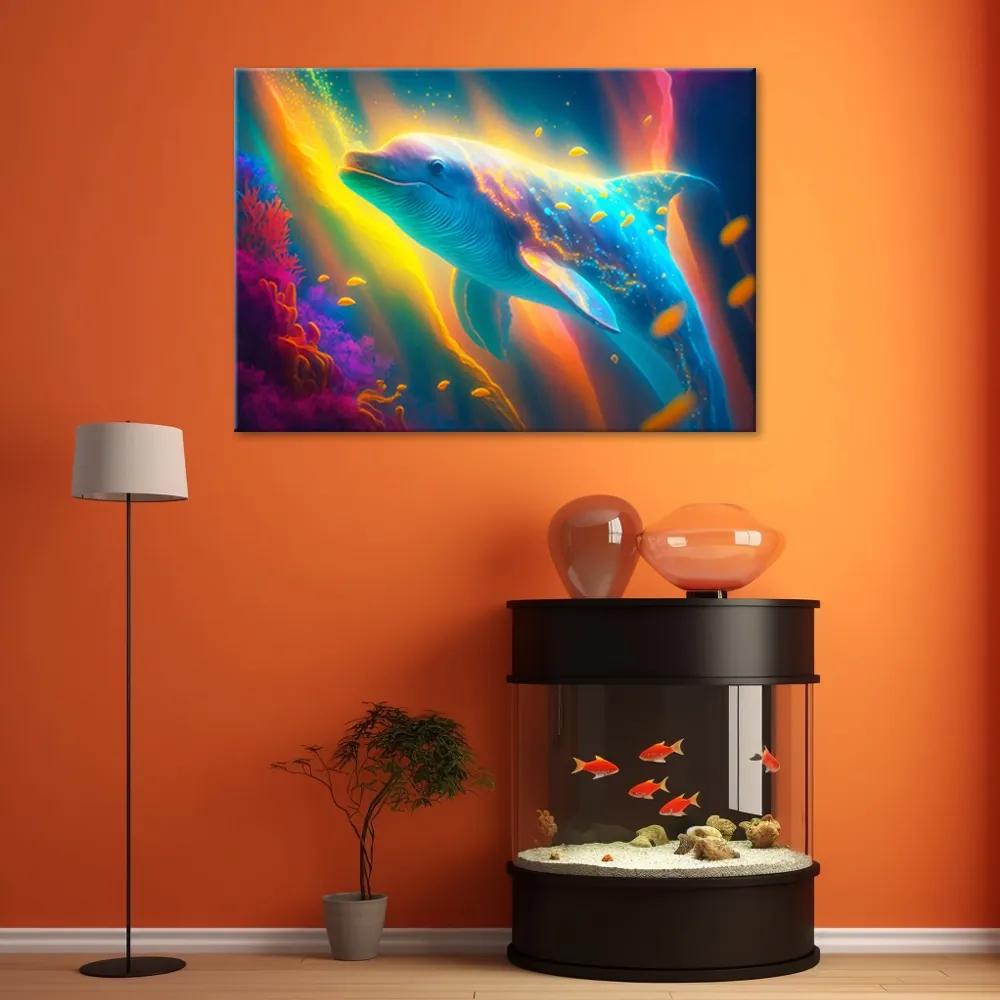 Obraz na plátně, Neonová velryba - 120x80 cm