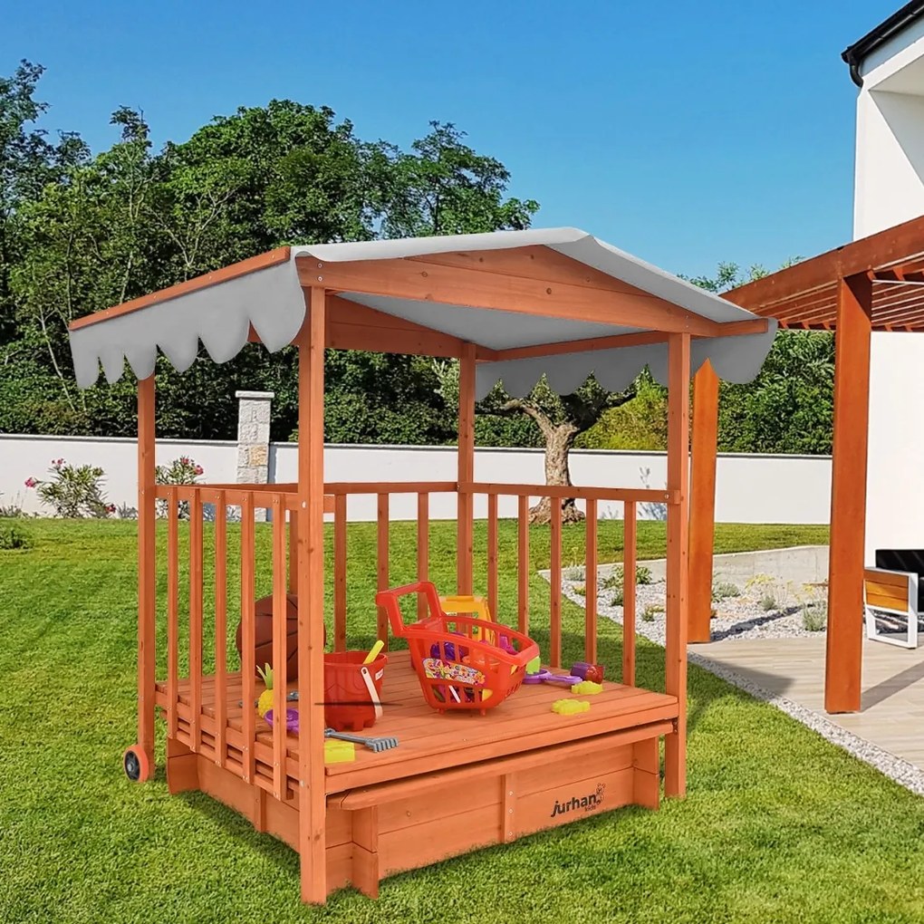 Pieskovisko s verandou HAPPY, 130x130x143 cm, hnedá/šedá Jurhan