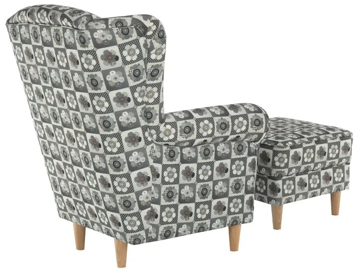 Kondela Kreslo, ušiak s taburetom, patchwork N1 látka, ASTRID