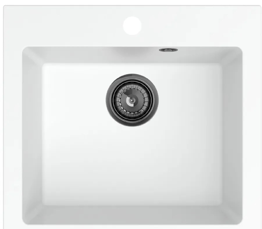 Sink Quality Ferrum 50, kuchynský granitový drez 490x450x195 mm + čierny sifón, biela, SKQ-FER.W.1K50.XB