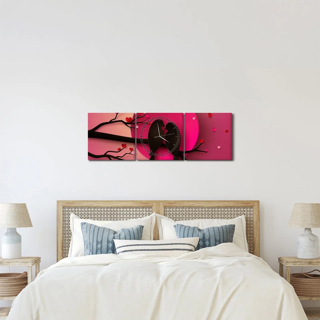 Obraz - Zamilované vtáčiky (s hodinami) (90x30 cm)