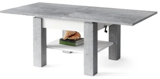Rozkladací konferenčný/jedálenský stôl so zdvíhacou doskou CALEB sivý betón/biela