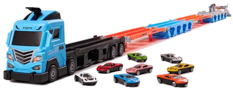 KIK Nákladné auto s prívesom a pretekárskou dráhou 210 cm, 8 autíčok