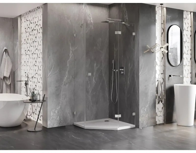 Mexen Lunar, päťuholníkový sprchový kút s pravým sklonom 90 x 90 cm, 8mm číre sklo, oceľový profil, 831-090P-090L-97-00-P