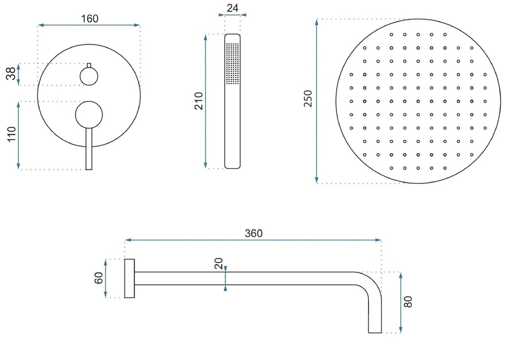 Rea Lungo, podomietkový sprchový set s dažďovou hlavovou a ručnou sprchou, grafitová, REA-P6363