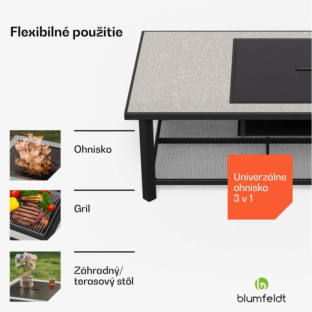 Blumfeldt Merano Avanzato L, ohnisko 3 v 1 s funkciou grilu, dá sa použiť ako stôl, 122 x 87 cm
