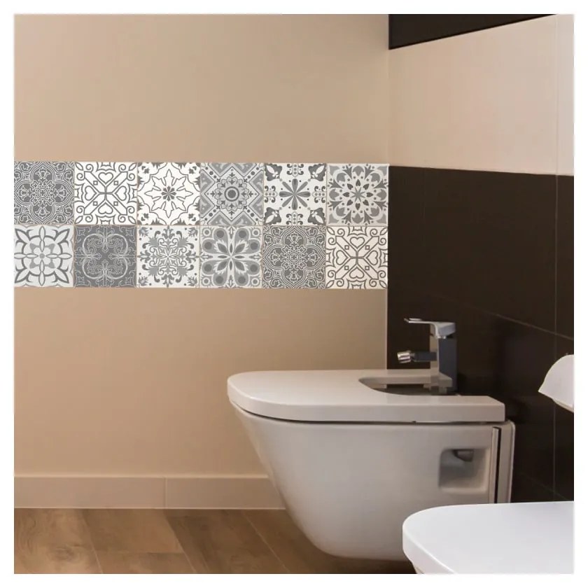 Sada 12 nástenných samolepiek Ambiance Wall Decal Tiles Grey and White Torino, 20 × 20 cm
