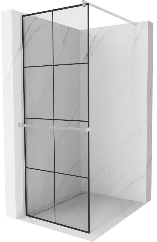 Mexen Kioto+, sprchová zástena Walk-In s poličkou a vešiakom 70 x 200 cm, 8mm číre sklo čierny vzor, brúsená oceľ profil, 800-070-121-97-77