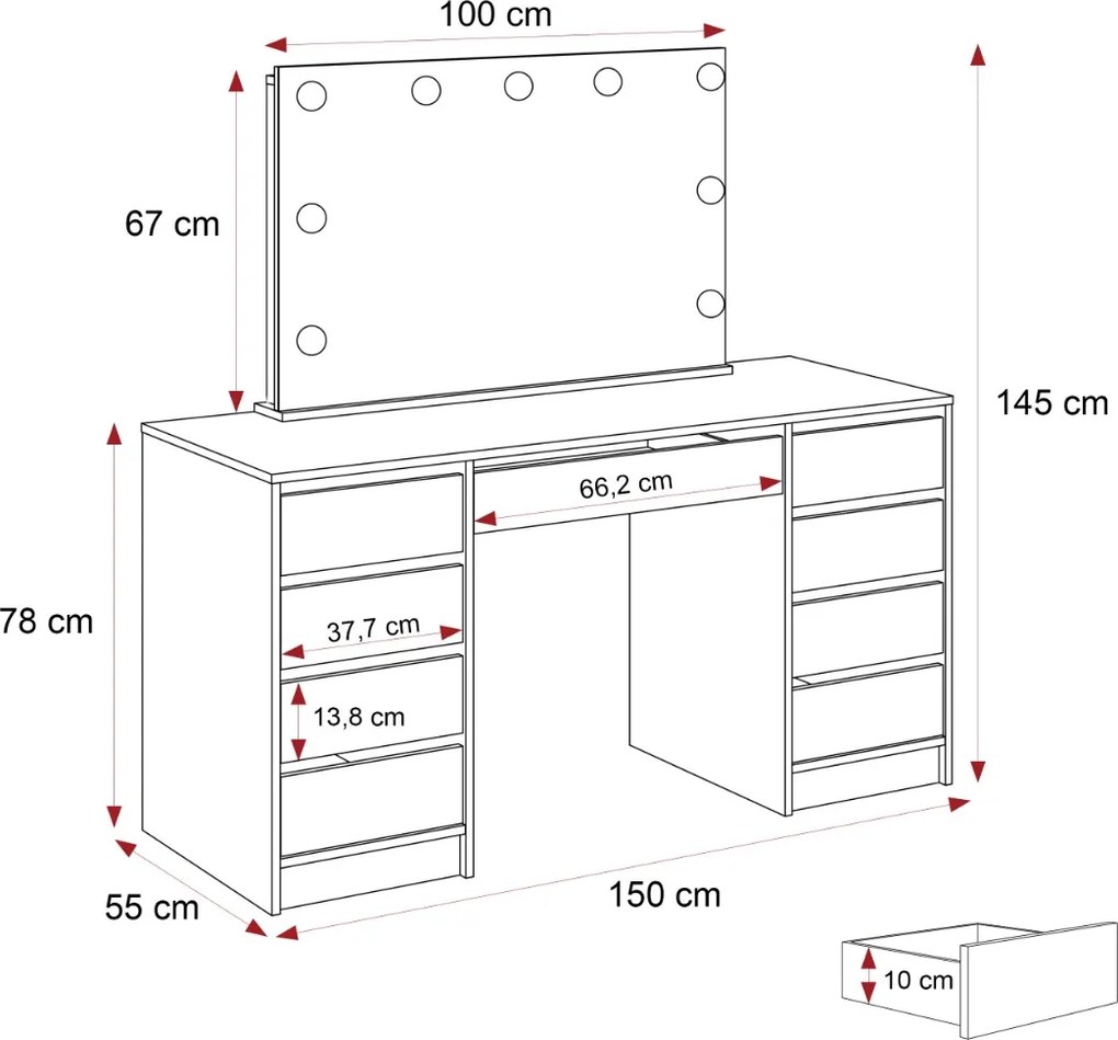 TOALETNÝ STOLÍK ANETT DOUBLE BIELY LESK + ZRKADLO LED 150 cm