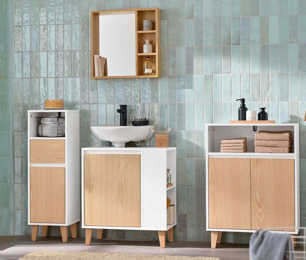 Kúpeľňová skrinka so zásuvkou a dvierkami, úzka