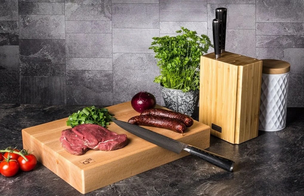 G21 Damascus Premium sada nožov v bambusovombloku, krabička, 3 ks + brúsny kameň