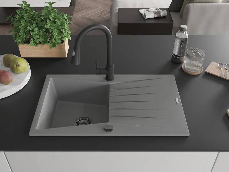 Mexen Cesar, 1-komorový granitový drez 775x470x190 mm a drezová batéria Elia, šedá, 6514-71-670101-70-B