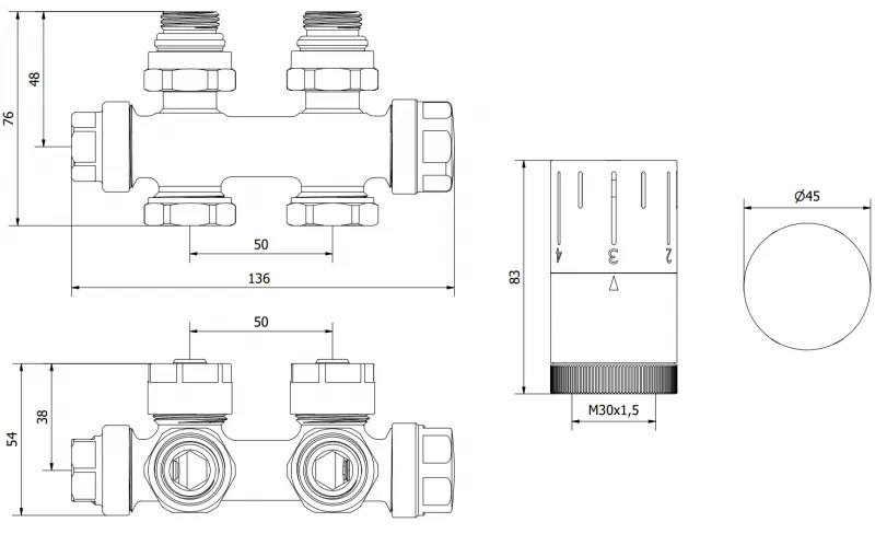 Mexen duplex G05, uhlová/priama termostatická súprava s pripojením DN50, zlatá lesklá, W908-958-50