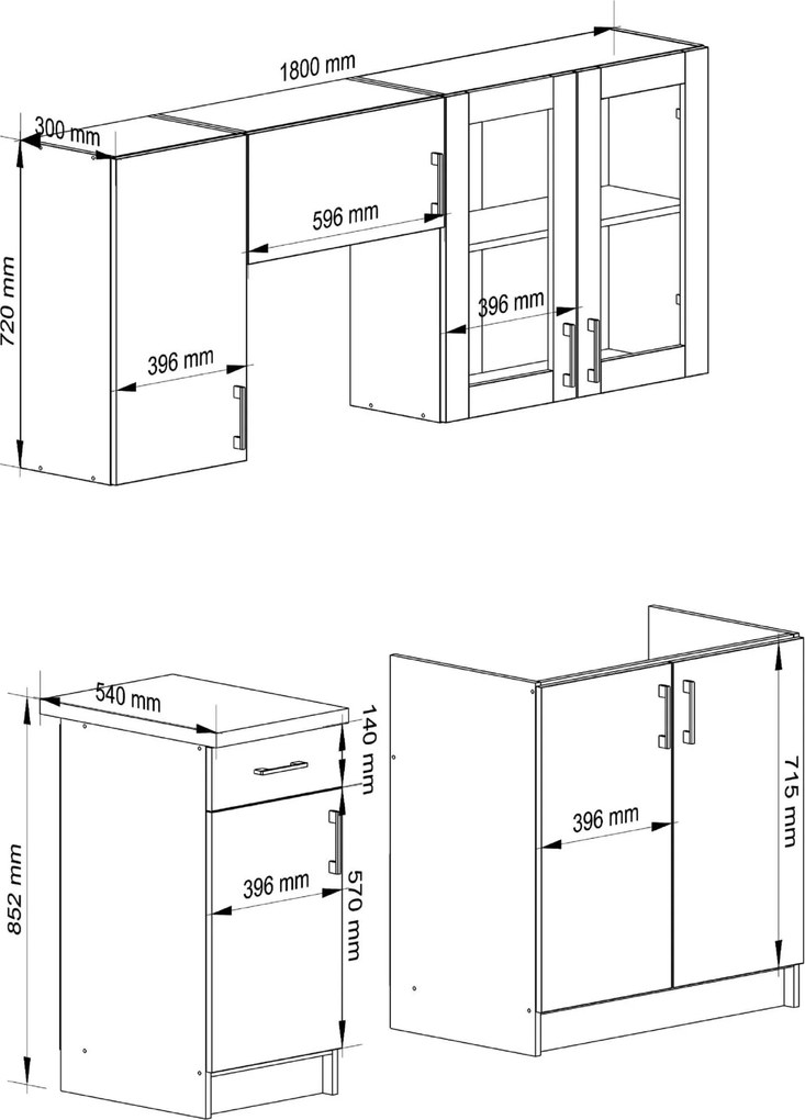 Kuchynská linka Olivie 1,8 m H720 presklená biela/dub sonoma
