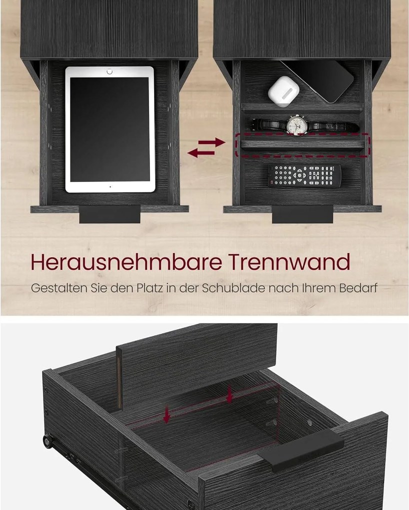 Príručný stolík, nočný stolík s káblom, 2 zásuvky, antracitovo sivý