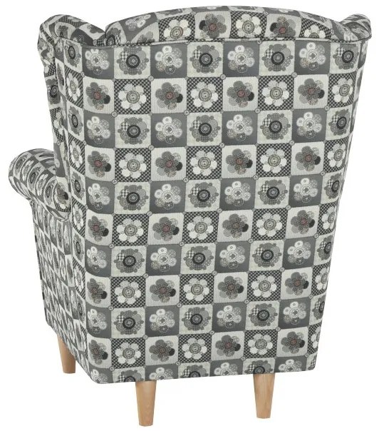 Kondela Kreslo, ušiak s taburetom, patchwork N1 látka, ASTRID
