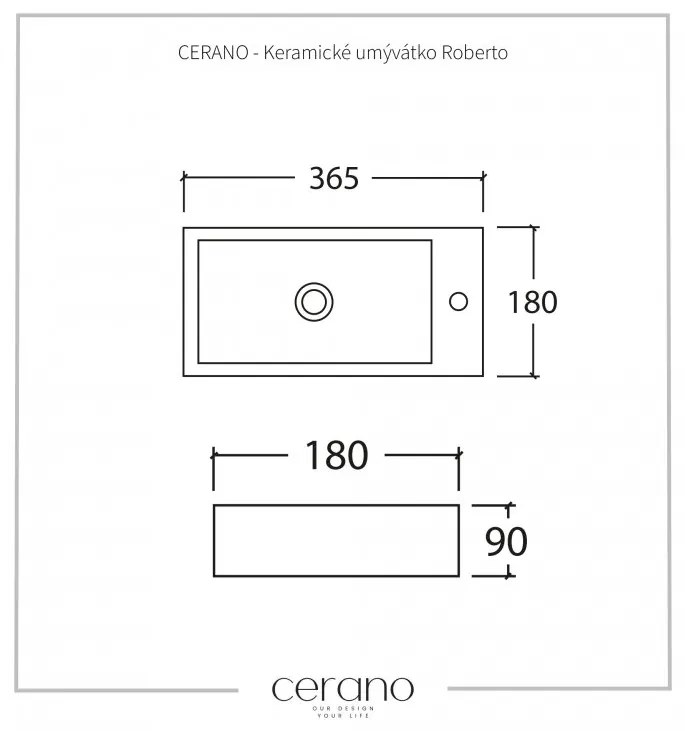 Cerano Roberto, keramické umývadlo 365x180x90 mm, závesné ľavé, biela lesklá, CER-CER-417206L