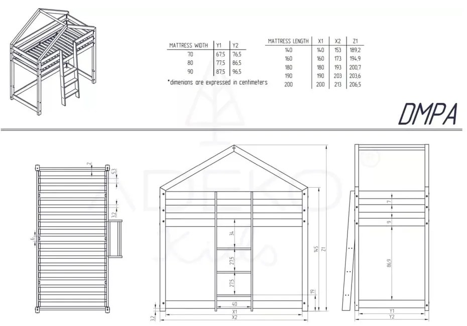 Domčeková poschodová posteľ z borovicového dreva Adeko Mila DMPA, 90 × 200 cm