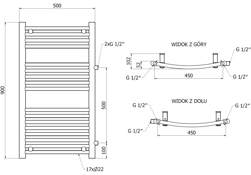 Mexen Ares, vykurovacie teleso 900 x 500 mm, 372 W, bočné pravé a spodné pripojenie, biela, W102-0900-500-00-20-S