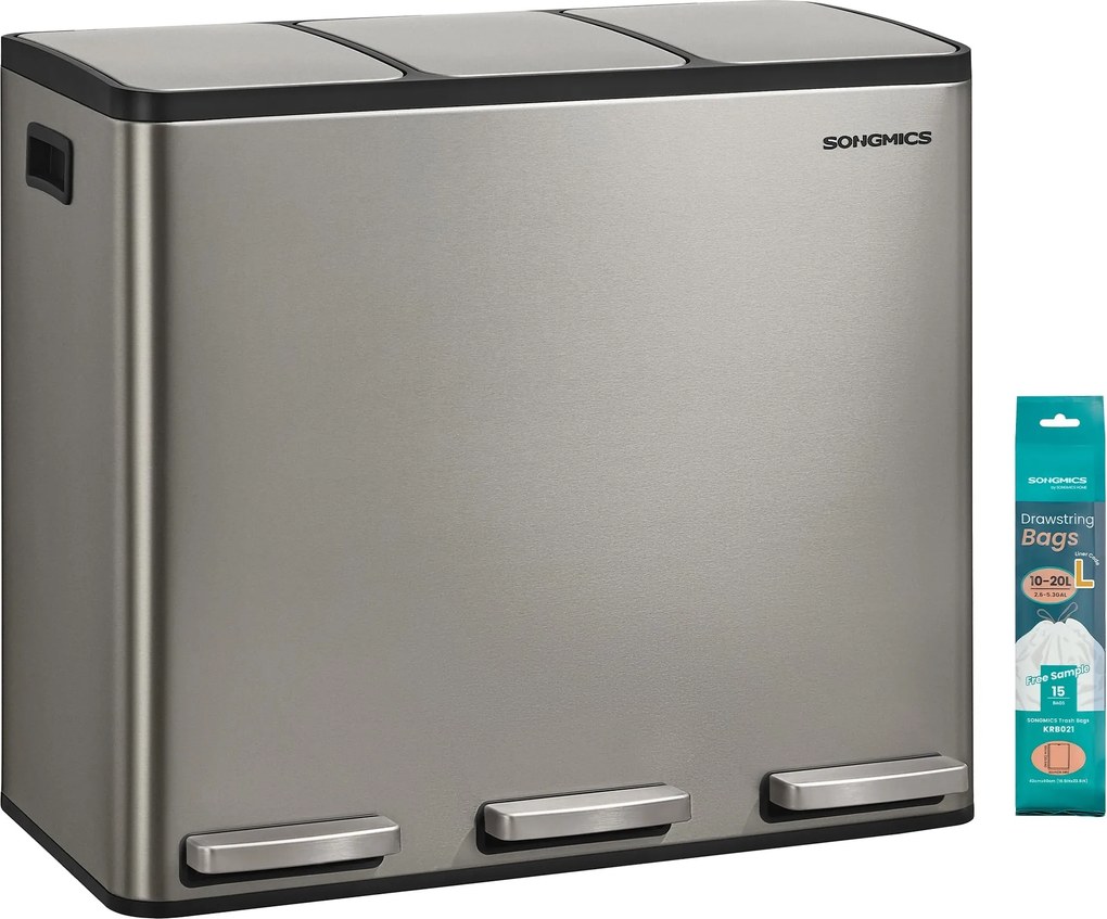 SONGMICS 3 x 18L výberový kuchynský odpadkový kôš, mäkké zatváranie, strieborný