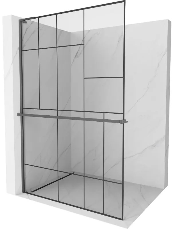 Mexen Kioto+ L, sprchová zástena Walk-In s poličkou a vešiakom 70 x 200 cm, 8mm číre sklo čierny vzor, grafitový profil, 800-070-123-95-78